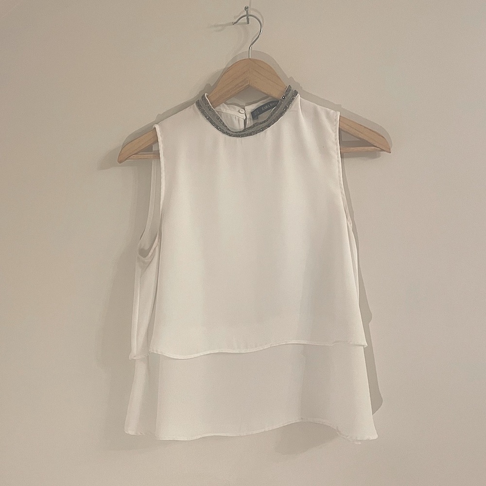 Zara, white dressy top, white with beading, size small